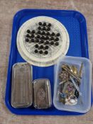 A tray of pipe, chrome plated items, razor,