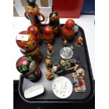 A tray of Russian doll figures, ceramic dish,