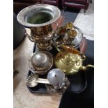 A tray of brass kettle, plated rimmed cut glass bowl, plated items,