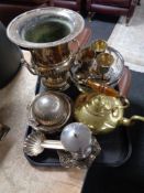 A tray of brass kettle, plated rimmed cut glass bowl, plated items,