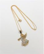 A yellow two-tone gold pedant modelled as an angel on chain