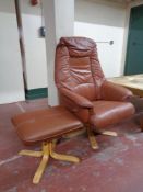 A tan leather swivel chair with matching footstool