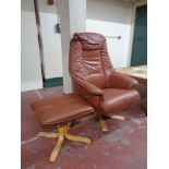 A tan leather swivel chair with matching footstool