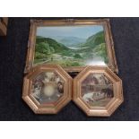 Two octagonal gilt framed prints depicting dogs playing with a cracker together with a gilt framed