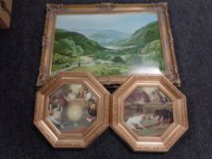 Two octagonal gilt framed prints depicting dogs playing with a cracker together with a gilt framed