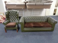 A green buttoned leather Chesterfield three seater settee with wing armchair