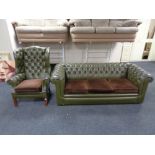 A green buttoned leather Chesterfield three seater settee with wing armchair