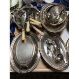 A tray of silver plated wares, breakfast dish and cover,