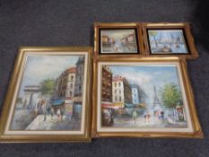 Three gilt framed oils on canvas Parisian street scenes by Burnett, together with one other.