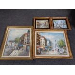 Three gilt framed oils on canvas Parisian street scenes by Burnett, together with one other.