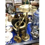 A brass coal helmet together with a smokers stand etc