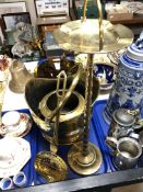 A brass coal helmet together with a smokers stand etc