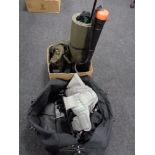 A box and a bag of camping mat, walking stick, photographic attachment pole,