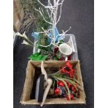 Two boxes of house hold sundries including china table lamp, glass vase, artificial flowers,