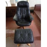 A black leather swivel chair and footstool