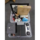 Two boxes of electricals, sundry items, cash box with tin,