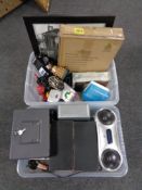 Two boxes of electricals, sundry items, cash box with tin,