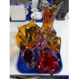 A tray of art glass vases and bowls