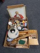 Two boxes of bric a brac, ornaments, china, picture of the Pope,