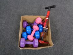 A box of dumbbells and an air pump CONDITION REPORT: There are two 1.