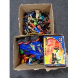 Two boxes of toys, figures, plastic figures.