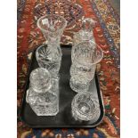 A pair of heavy cut-glass decanters, with stoppers,