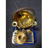 A tray of brass jam pan, trivet stand,