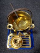 A tray of brass jam pan, trivet stand,