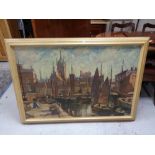 A twentieth century framed oil on canvas - figures in a harbour