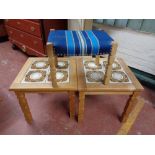 Two light oak occasional tables together with a stool