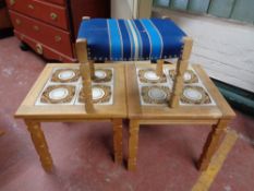 Two light oak occasional tables together with a stool