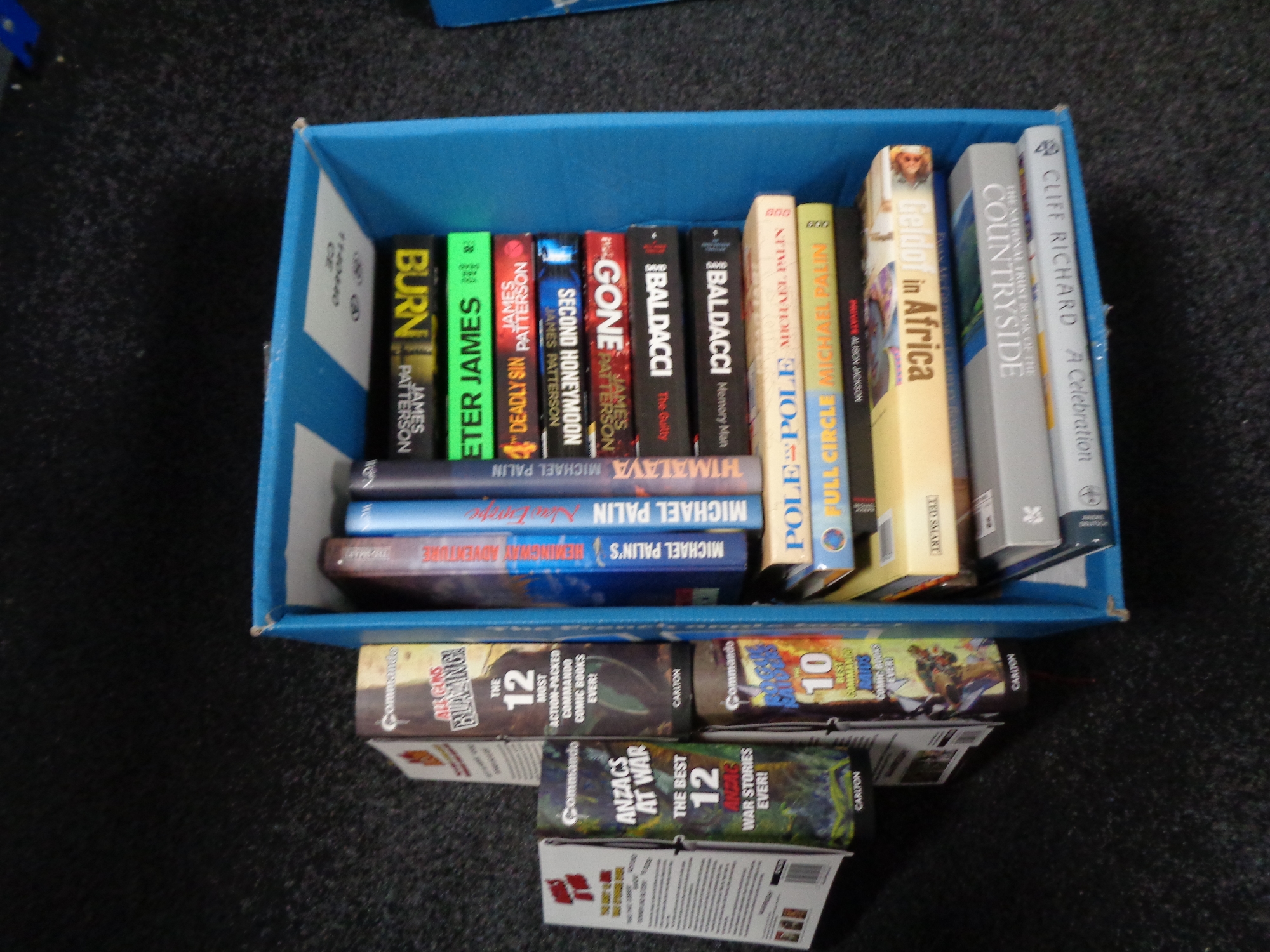 A box of books including Michael Palin,