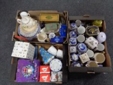 Three boxes of china, glass, Ringtons ware,