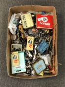 A box containing a quantity of hardware items, tobacco tins etc.
