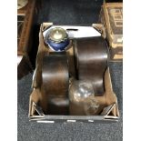 A box of mantel clocks, glass jug,