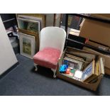 A white loom chair together with a large quantity of pictures and prints,