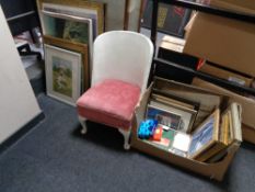 A white loom chair together with a large quantity of pictures and prints,
