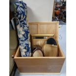 A plywood blanket box containing a floral Morris and company rug ,