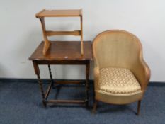 An oak barley twist occasional table together with a teak table and golden loom chair