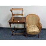 An oak barley twist occasional table together with a teak table and golden loom chair