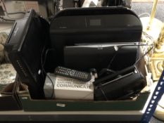 A box of various electricals, sky box, Hp printer scanner, monitor,