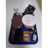 A tray of collectables including pocket Holy bible, two miniature bottles of whisky,