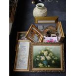 An earthenware urn together with a box of gilt framed pictures