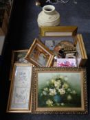 An earthenware urn together with a box of gilt framed pictures