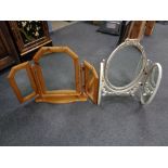 A white and gilt triple dressing table mirror together with a pine triple mirror