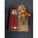 An oriental style lacquered tray, miniature folding screen, scent flask and a ceramic lion figure.