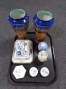 A pair of Tunstall ware vases decorated with Arabian landscapes, Wedgwood pill boxes,