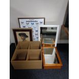 A quantity of pictures, mirrored cabinet,