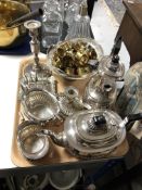 A tray of silver plated items,