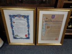 A pair of early 20th century gilt framed certificates presented to William Strafford Sanderson from